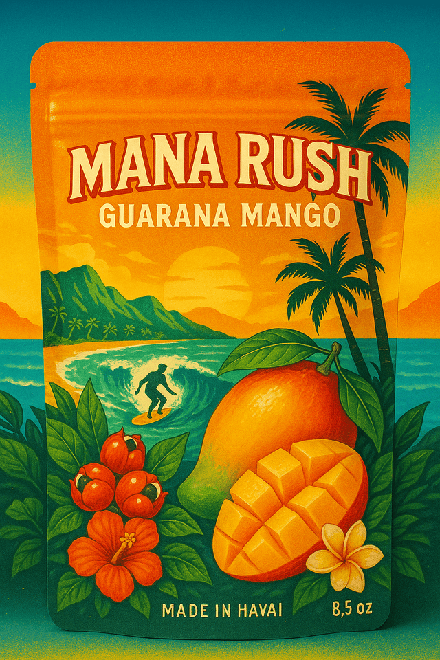 Mana Rush Guarana Mango -Tropical Sweetness. Natural Energy. Pure ManaSmall-batch Mango dropโclean guarana energy (~200 mg caffeine per 5 g scoop). Natural, sugar-free, vegan. Limited run