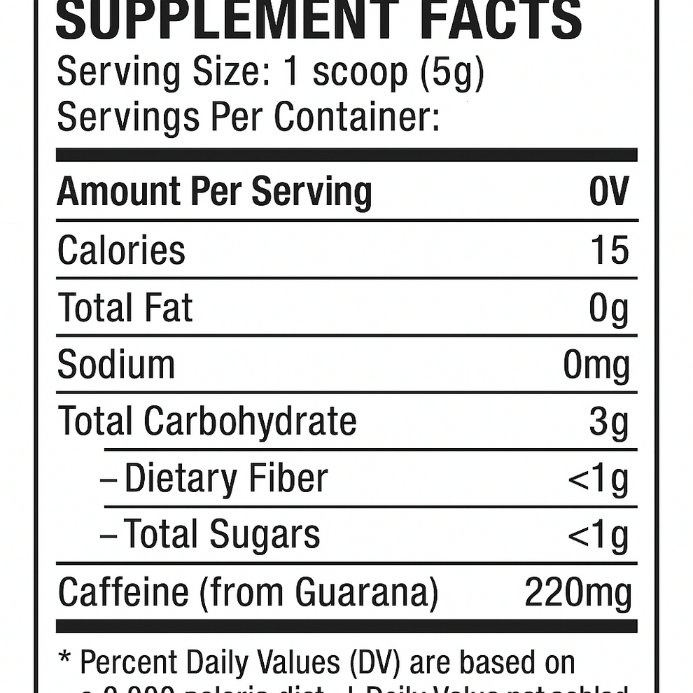 Mana Rush guaraná energy powder — about 250 mg caffeine per full 5 g serving, no added sugar, ble...