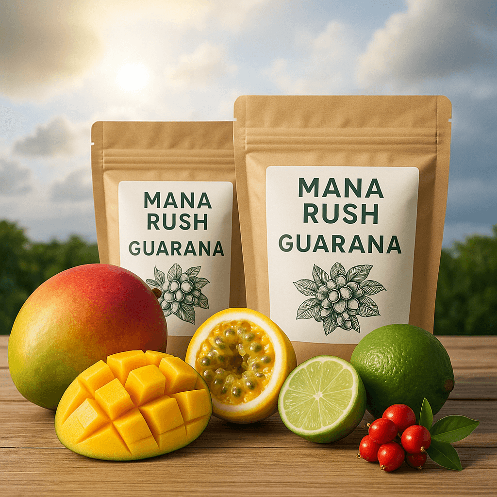 Natural tropical fruit powders and Mana Rush Guarana pouches on a table, highlighting seasonality and real fruit ingredients.