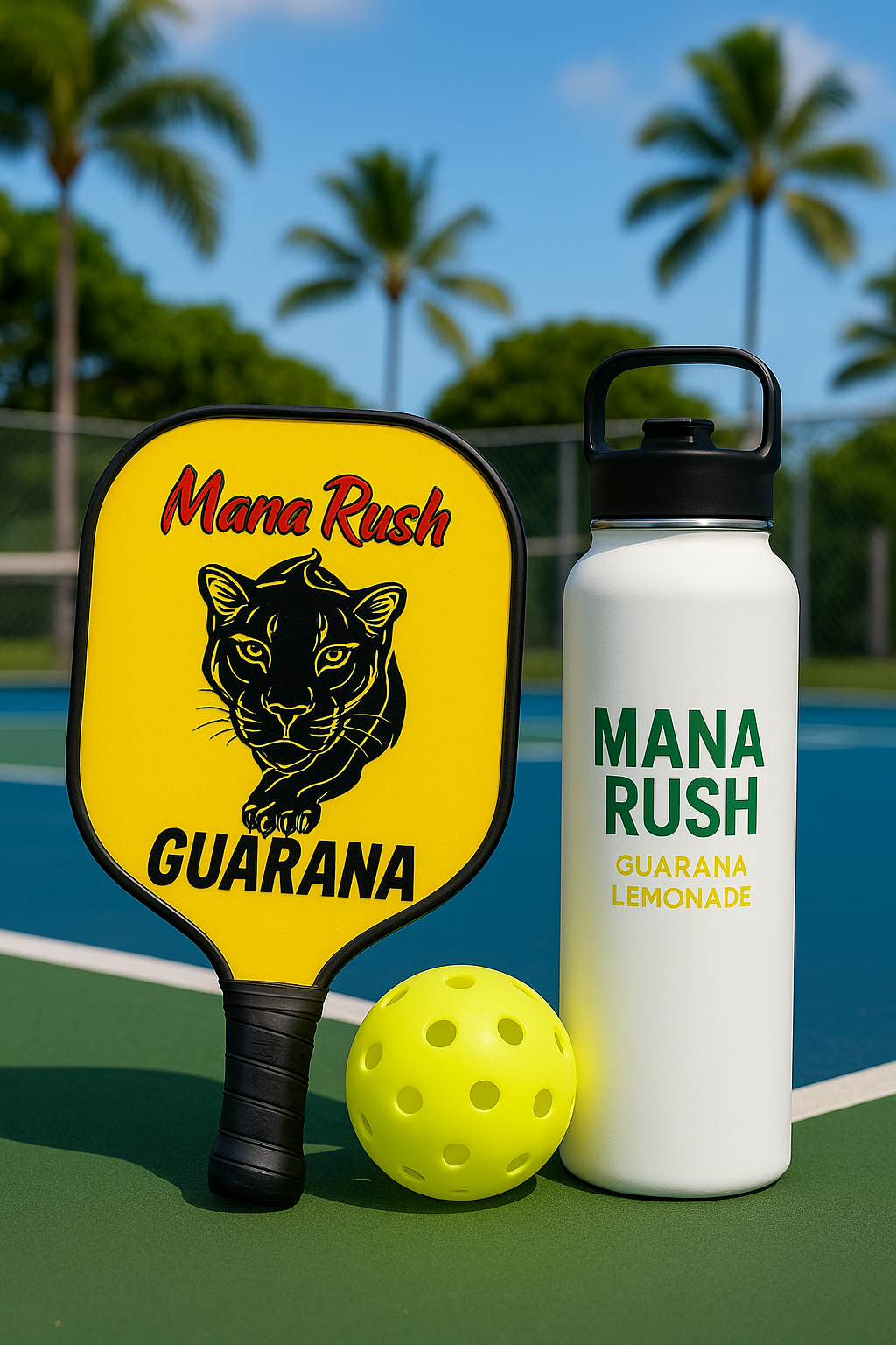 Pickleball paddle with Mana Rush Guarana logo and lemonade flask