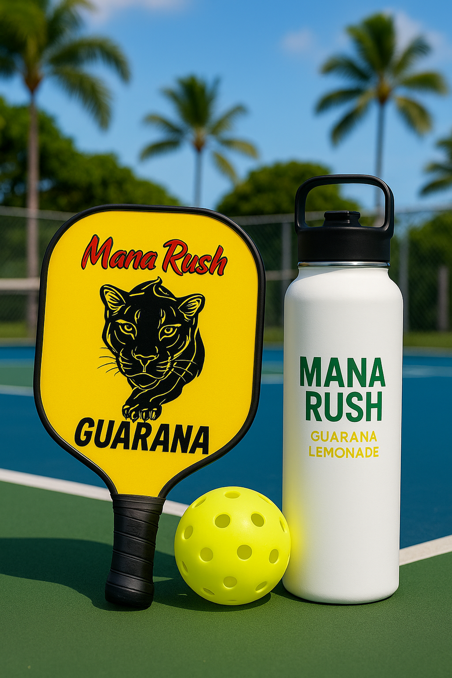 Pickleball paddle with Mana Rush Guarana logo and lemonade flask