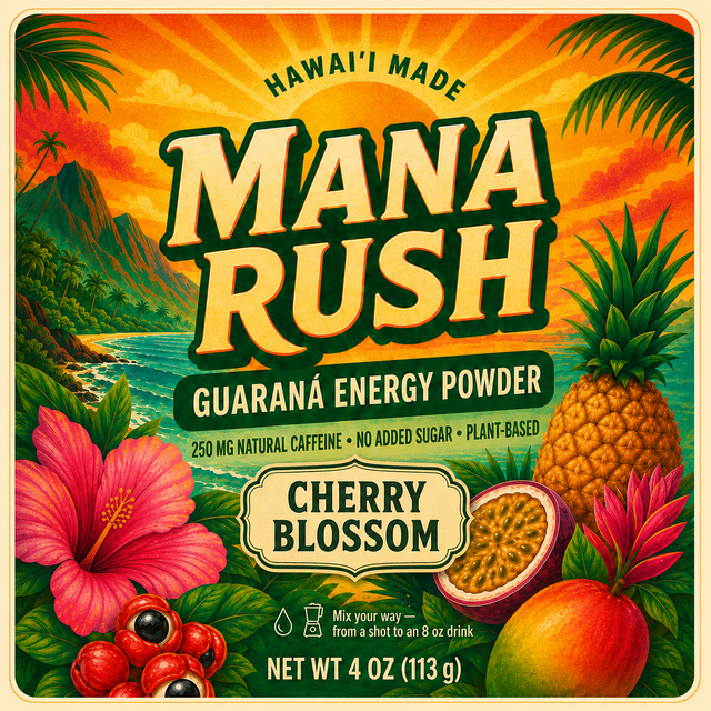 Mana Rush Cherry Blossom guarana energy powder 4 oz pouch, Mana Reserve, Hawaiʻi made