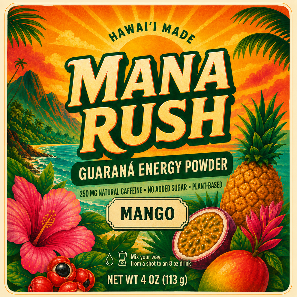 Mana Rush Mango guarana energy powder 4 oz pouch, Hawaiʻi made