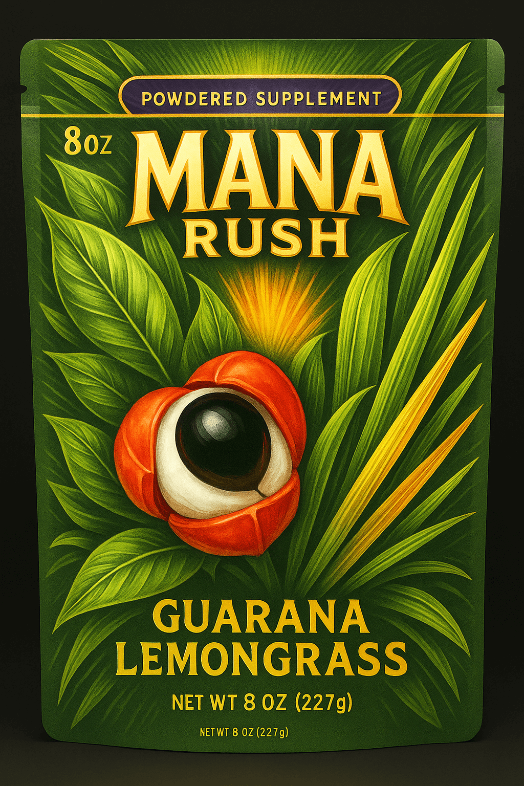 Mana Rush Guaraná Lemongrass energy powder — citrus-herbal, 250 mg natural caffeine per 5 g scoop, no added sugar, made in Hawaiʻi