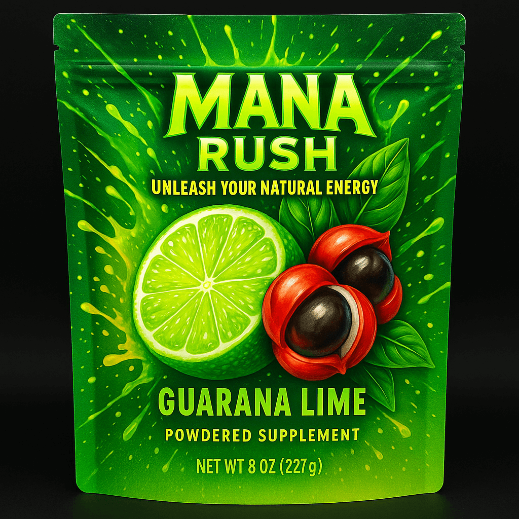 Mana Rush Guaraná Lime energy powder — crisp lime, 250 mg natural caffeine per 5 g scoop, no added sugar, made in Hawaiʻi