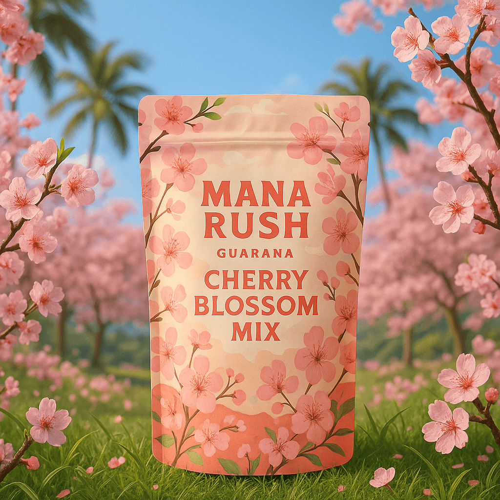 Packaging of Mana Rush Guarana Cherry Blossom Mix with cherry blossom design in a scenic background