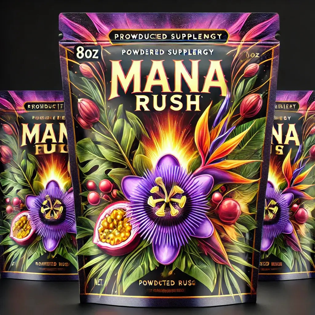 Mana Rush Guaraná Lilikoi energy powder — Hawaiian passion fruit, 250 mg natural caffeine per 5 g scoop, no added sugar, made in Hawaiʻi
