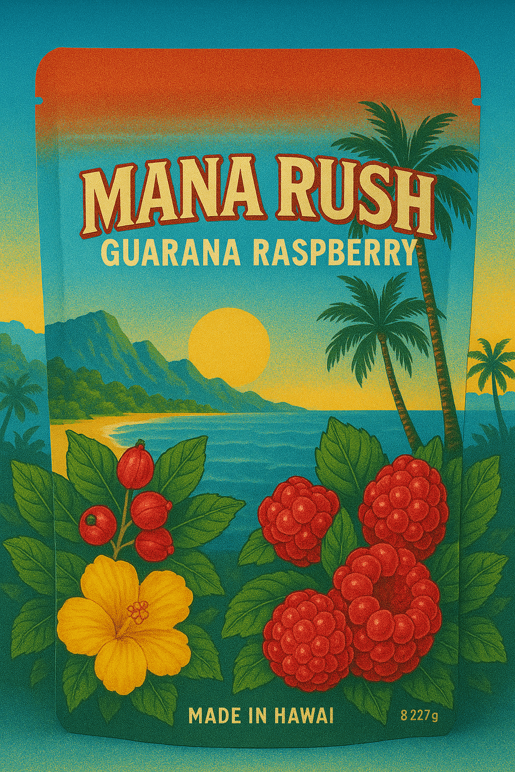 Mana Rush Guaraná Raspberry energy powder — ripe raspberry, 250 mg natural caffeine per 5 g scoop, no added sugar, made in Hawaiʻi