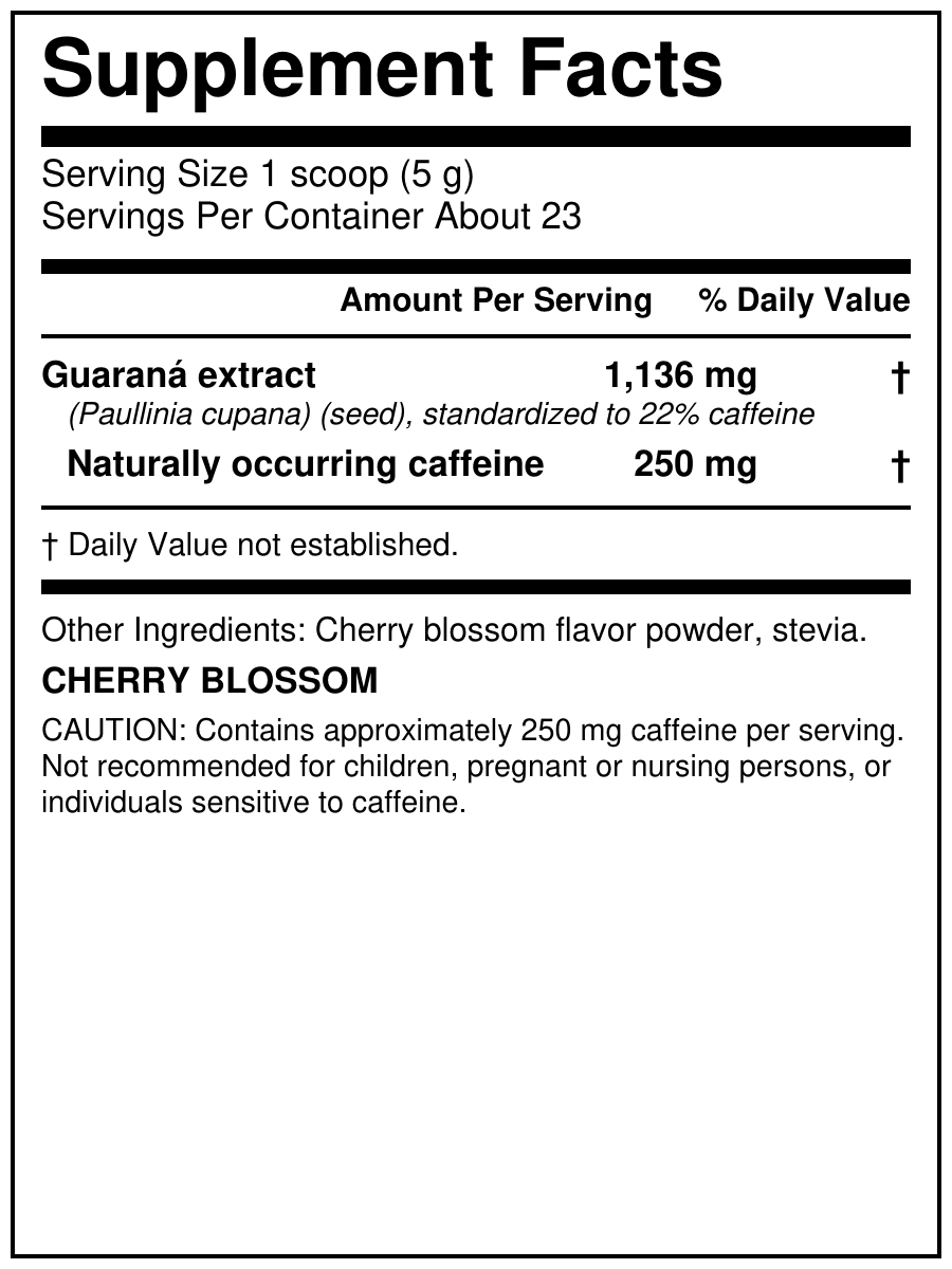 Mana Rush Cherry Blossom 4 oz Supplement Facts - 250 mg caffeine per 5 g serving
