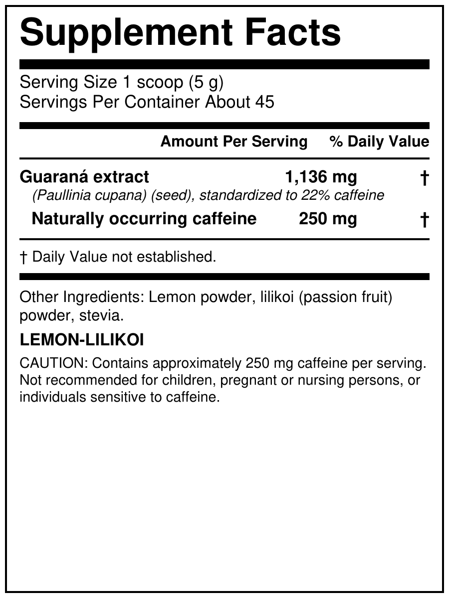 Mana Rush Lemon Lilikoi 8 oz Supplement Facts - 250 mg caffeine per 5 g serving
