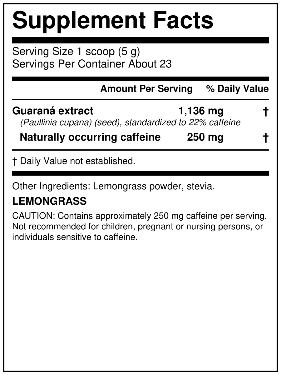 Mana Rush Lemongrass 4 oz Supplement Facts - 250 mg caffeine per 5 g serving