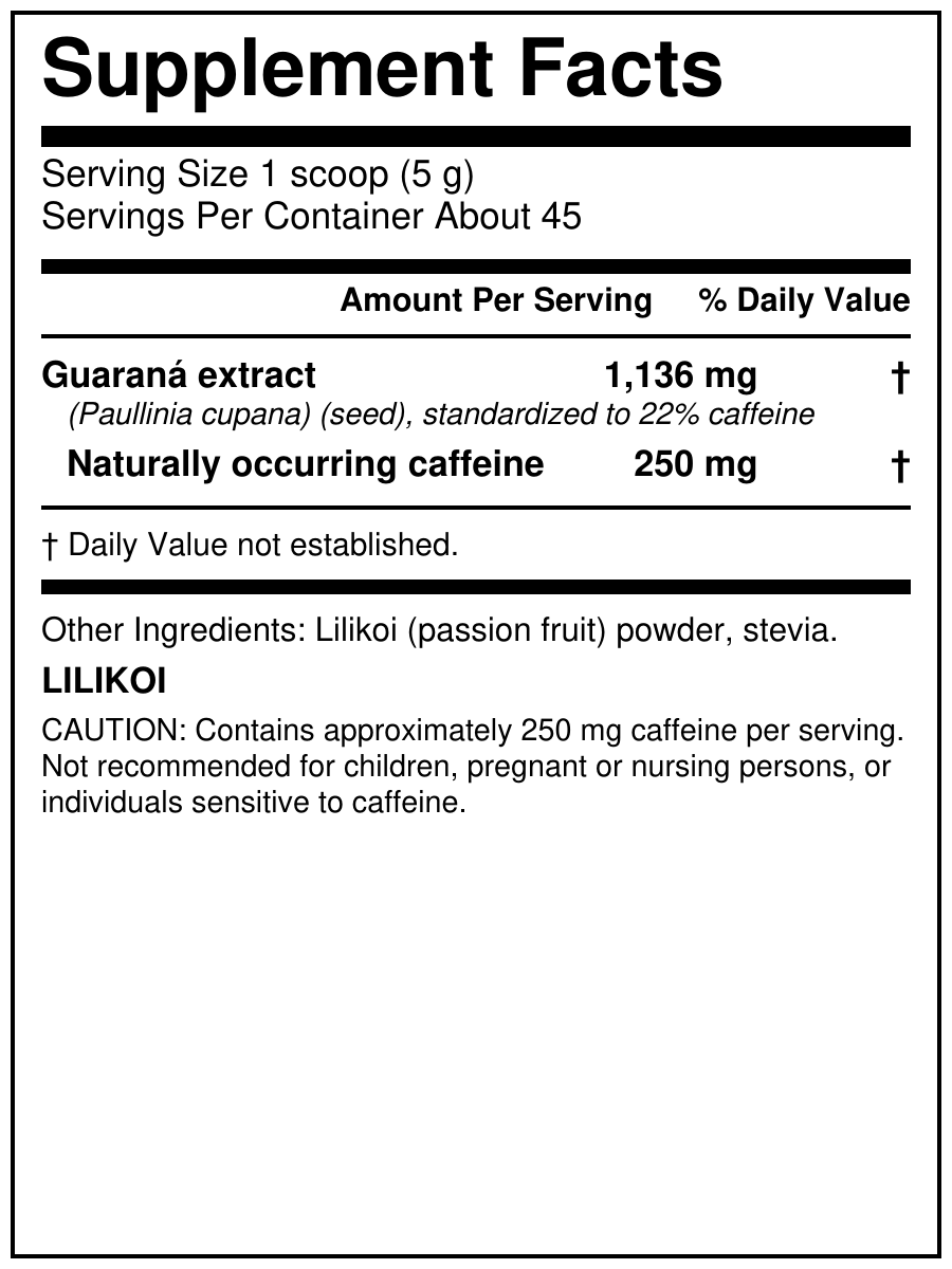 Mana Rush Lilikoi 8 oz Supplement Facts - 250 mg caffeine per 5 g serving