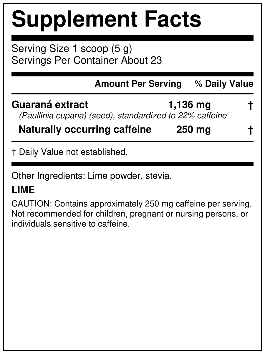 Mana Rush Lime 4 oz Supplement Facts - 250 mg caffeine per 5 g serving