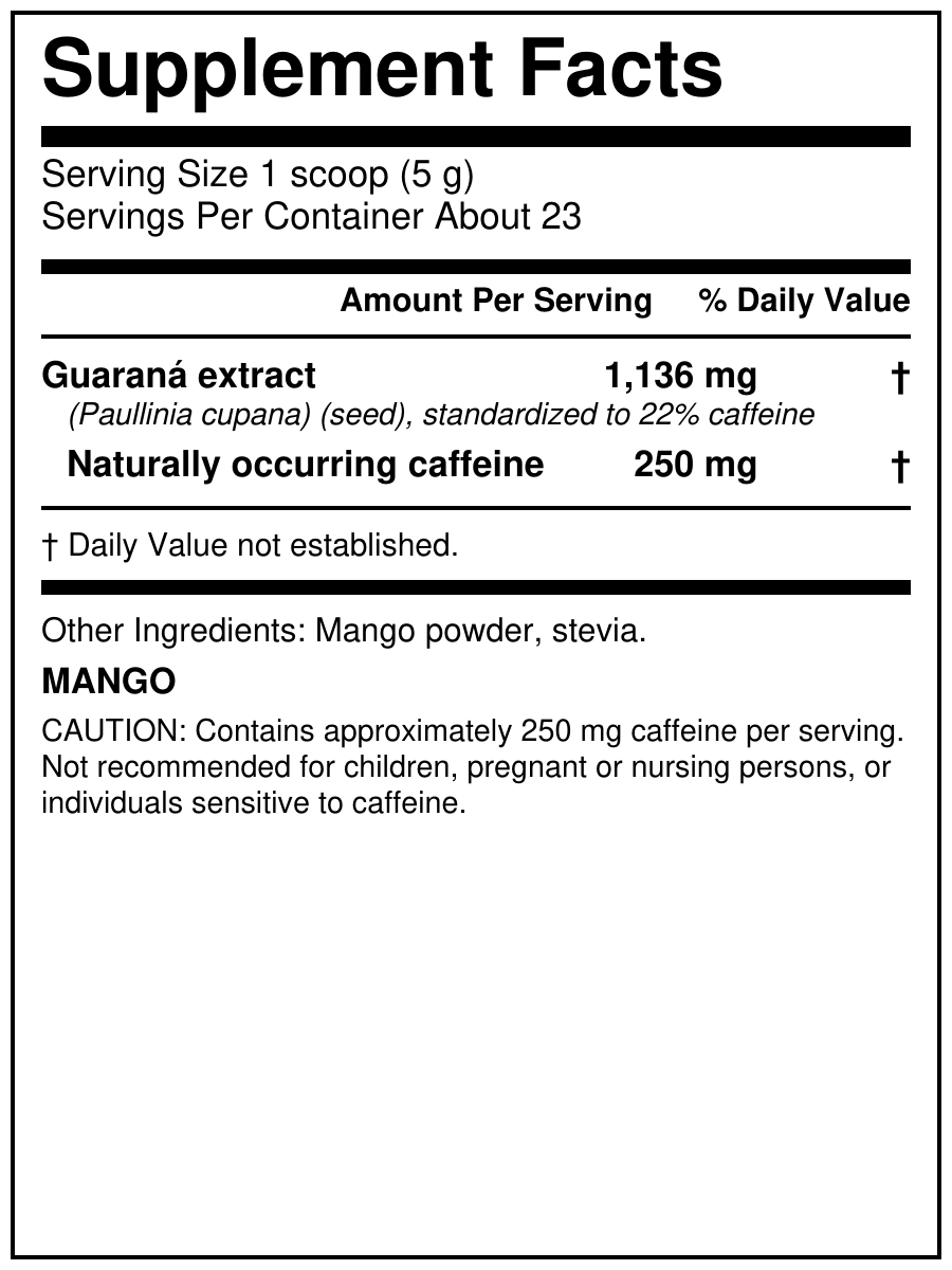 Mana Rush Mango 4 oz Supplement Facts - 250 mg caffeine per 5 g serving