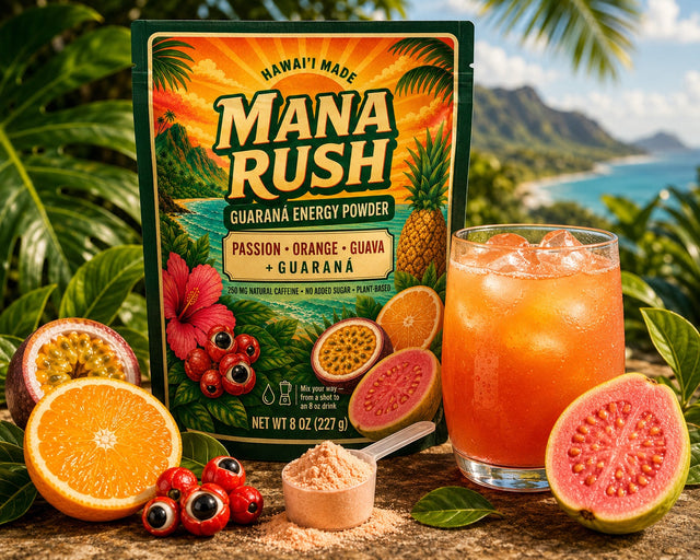 Mana Rush Passion Orange Guava guaraná energy powder with tropical fruit and prepared drink