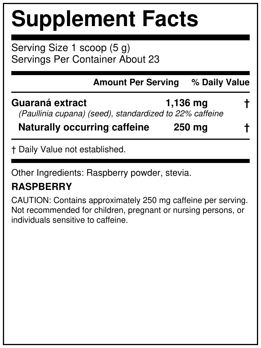 Mana Rush Raspberry 4 oz Supplement Facts - 250 mg caffeine per 5 g serving