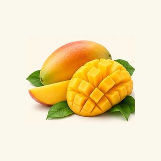 Ripe golden mango and cut mango for Mana Rush Mango flavor
